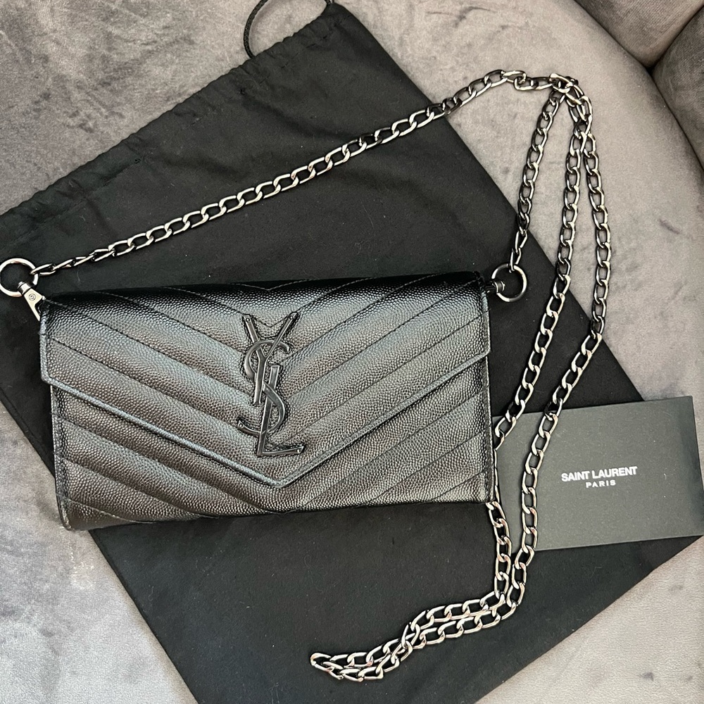 Authentic YSL Cassandre all black envelope flap wallet on chain
